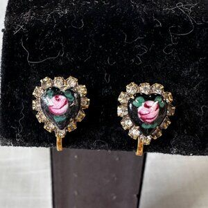 Vintage Heart Shaped Roses Enameled Rhinestone Screw Back Earrings
